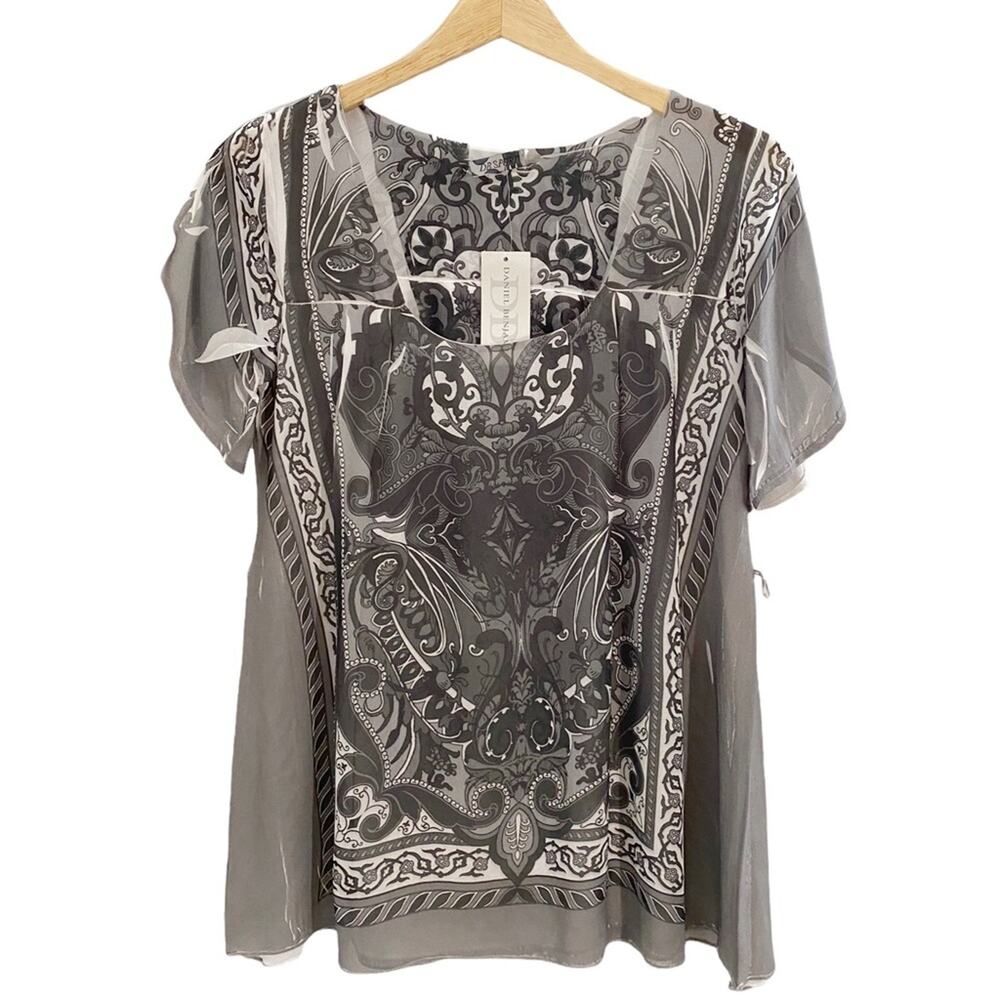 Daniel Benjamin Sheer Overlay Shades Of Gray & White Print Tunic Top, Size M*